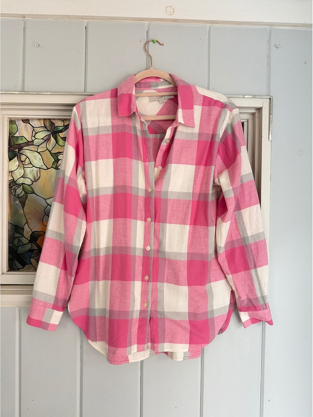 LOFT Pink and White Plaid Button-Up flannel Shirt, Size Small